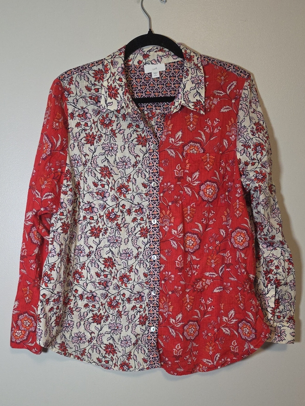 J. Jill Red and Cream Floral Patchwork Button-Down Shirt 100% Cotton